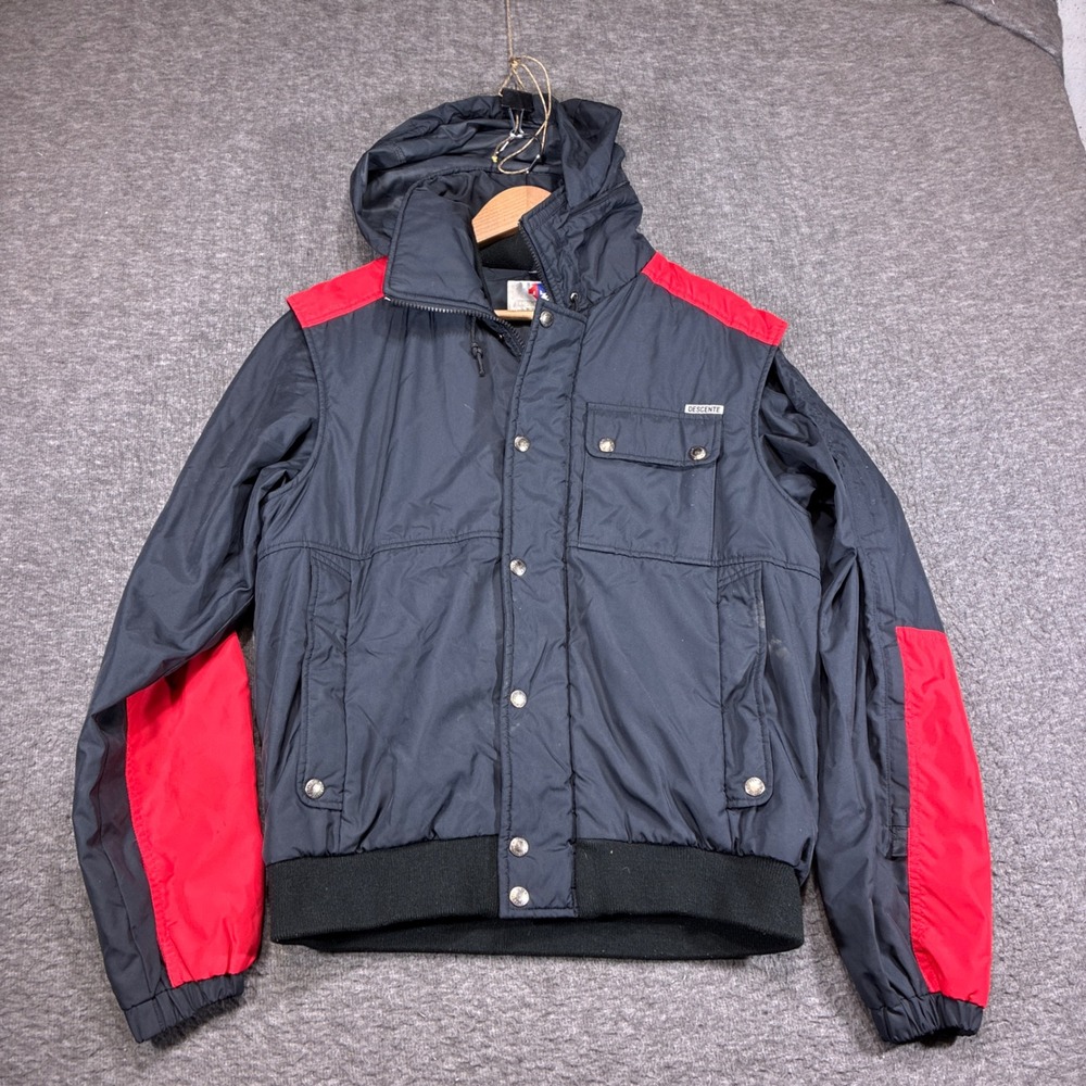 Vintage Descente Ski Jacket Mens M Black Red Hooded Puffer Made in Japan